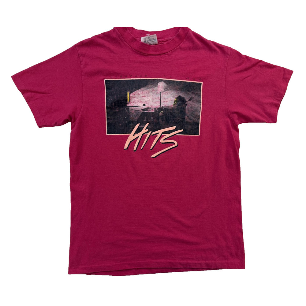 Vintage HITS Interface Shirt Mens Medium Pink Graphic Hanes Beefy-T Made USA 80s